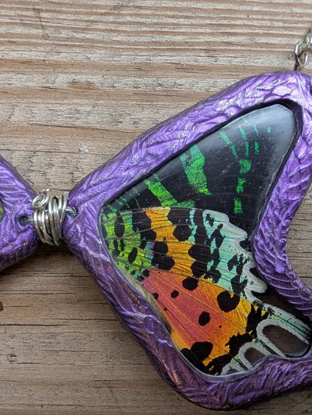 Hand Crafted Purple Butterfly Wing Necklace with Teal and Orange Accents